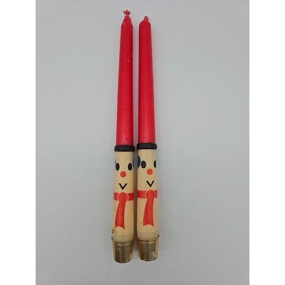 Vintage Snowman Red Taper Candle Set of 2 Christmas Decoration made in Hong Kong - Picture 1 of 7